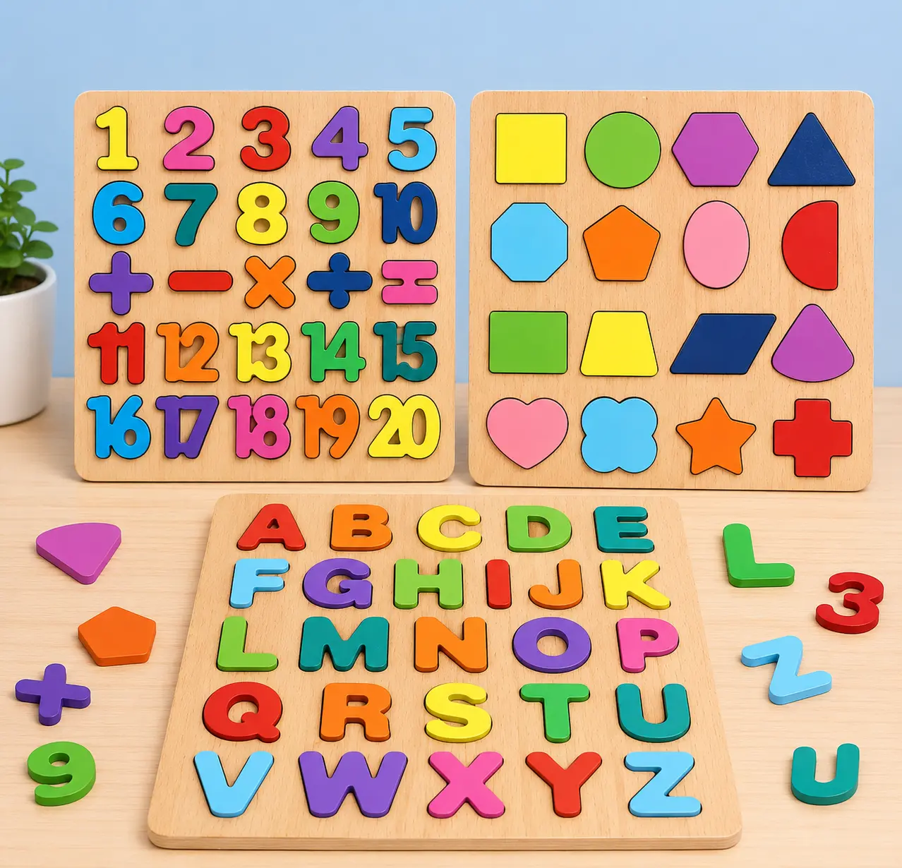 Qutoo Box Wooden 3-in-1 Alphabet Number Shape Puzzle Toy