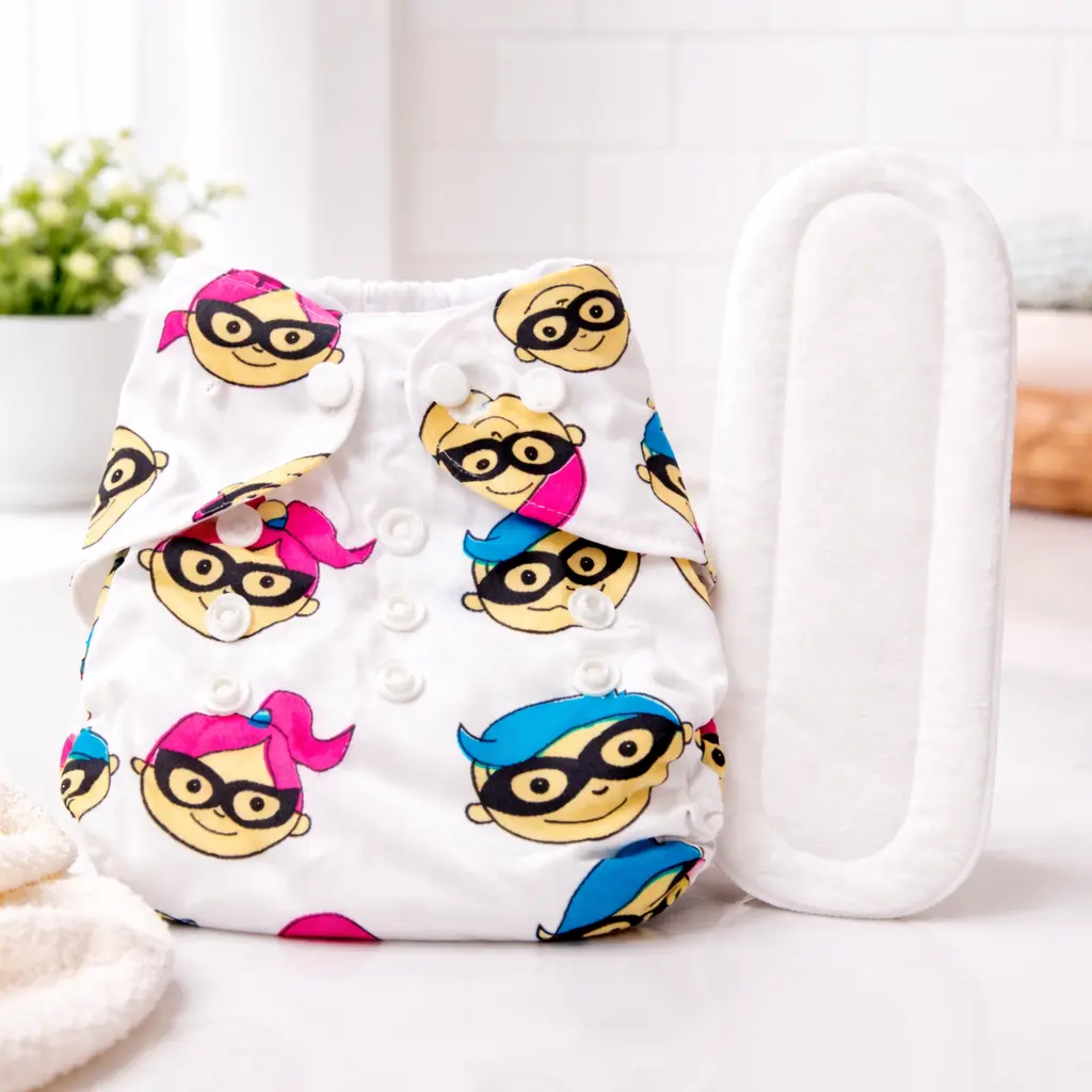 Qutoo Box Leakage Proof Reusable Superhero Print Baby Cloth Diaper with 5 Layer Soft Insert Pad | Adjustable & High Absorbent Washable Nappy | Black | 0–24 Months
