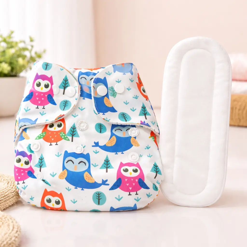 Qutoo Box Leakage Proof Reusable Cute Owl Print Baby Cloth Diaper with 5 Layer Soft Insert Pad | Adjustable & High Absorbent Washable Nappy | Black | 0–24 Months