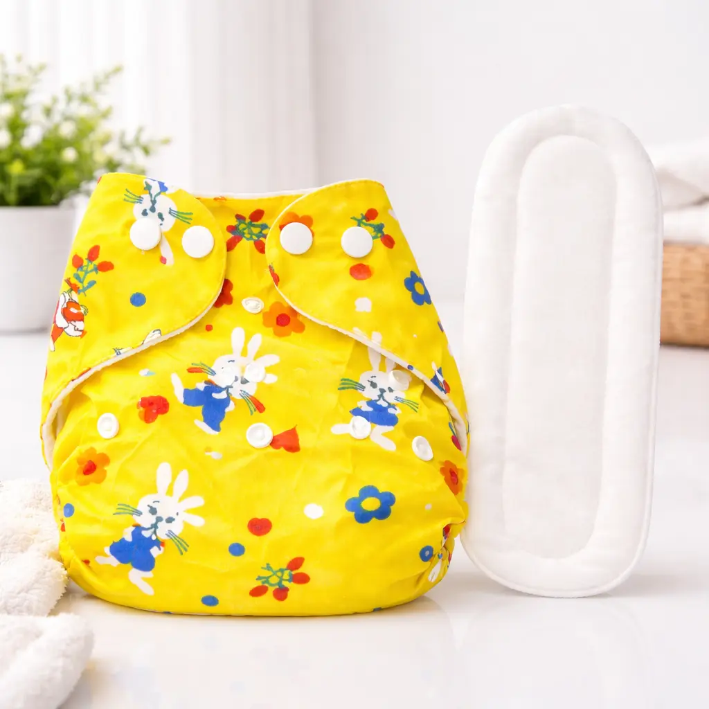 Qutoo Box Leakage Proof Reusable Cute Rabbit Print Baby Cloth Diaper with 5 Layer Soft Insert Pad | Adjustable & High Absorbent Washable Nappy | Black | 0–24 Months