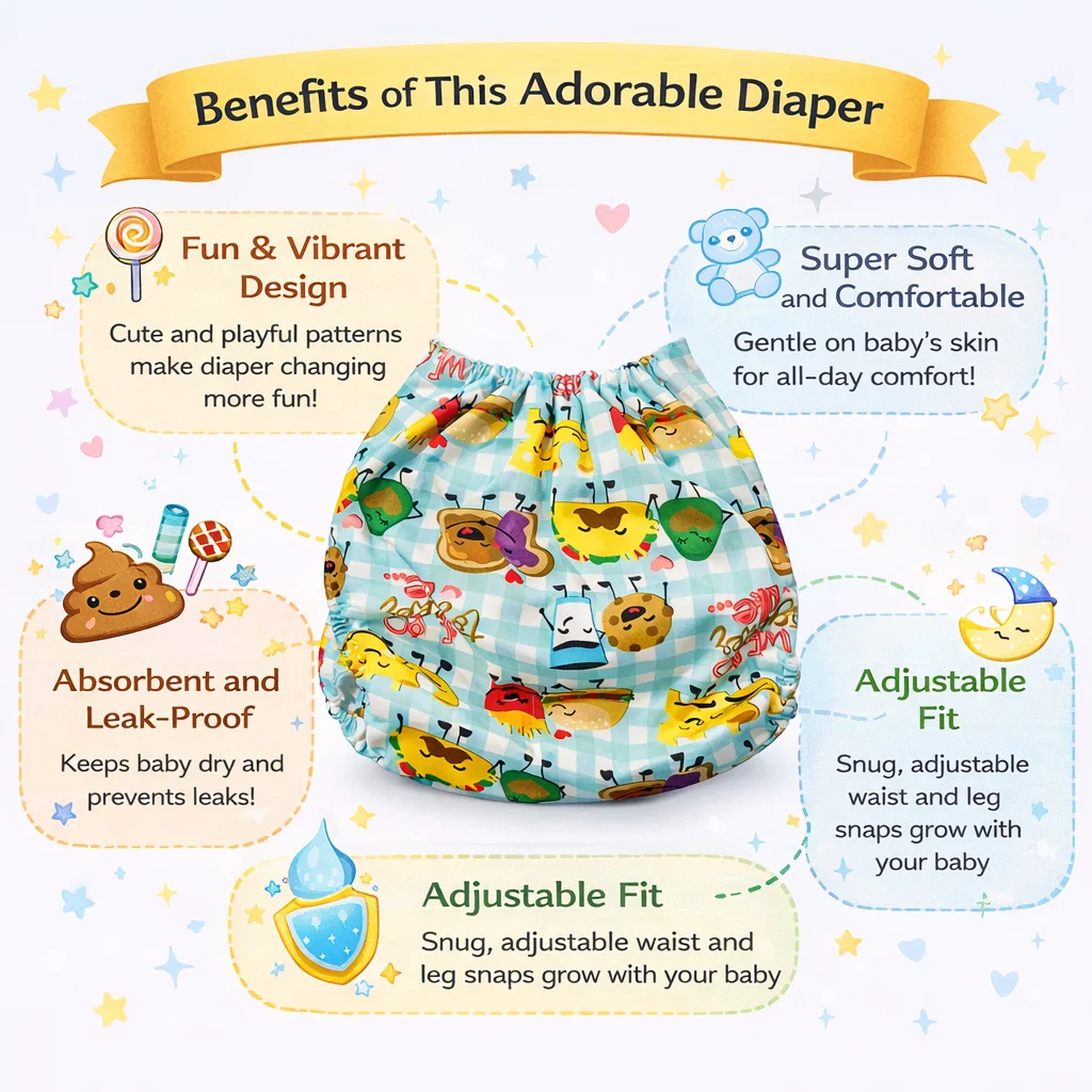 Qutoo Box Leakage Proof Reusable Funny Cartoon Print Baby Cloth Diaper with 5 Layer Soft Insert Pad | Adjustable & High Absorbent Washable Nappy | Black | 0–24 Months - Image 2