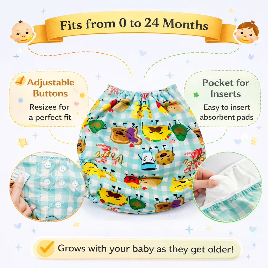 Qutoo Box Leakage Proof Reusable Funny Cartoon Print Baby Cloth Diaper with 5 Layer Soft Insert Pad | Adjustable & High Absorbent Washable Nappy | Black | 0–24 Months - Image 3
