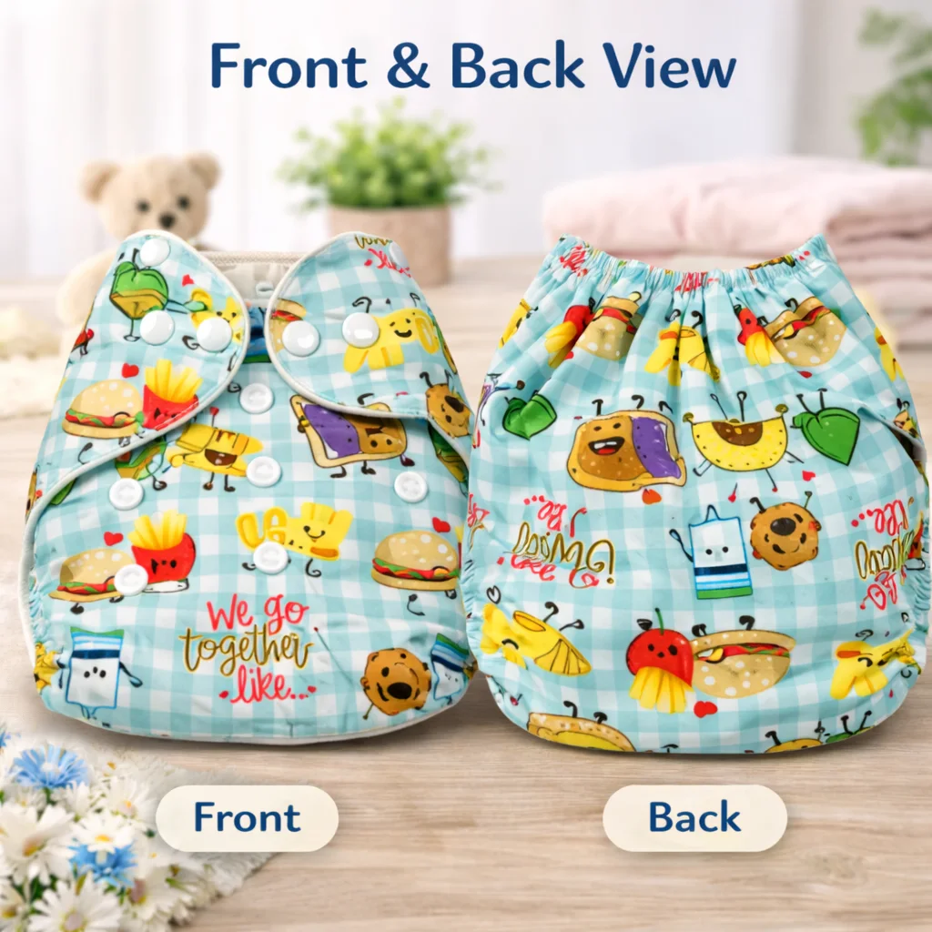 Qutoo Box Leakage Proof Reusable Funny Cartoon Print Baby Cloth Diaper with 5 Layer Soft Insert Pad | Adjustable & High Absorbent Washable Nappy | Black | 0–24 Months - Image 5