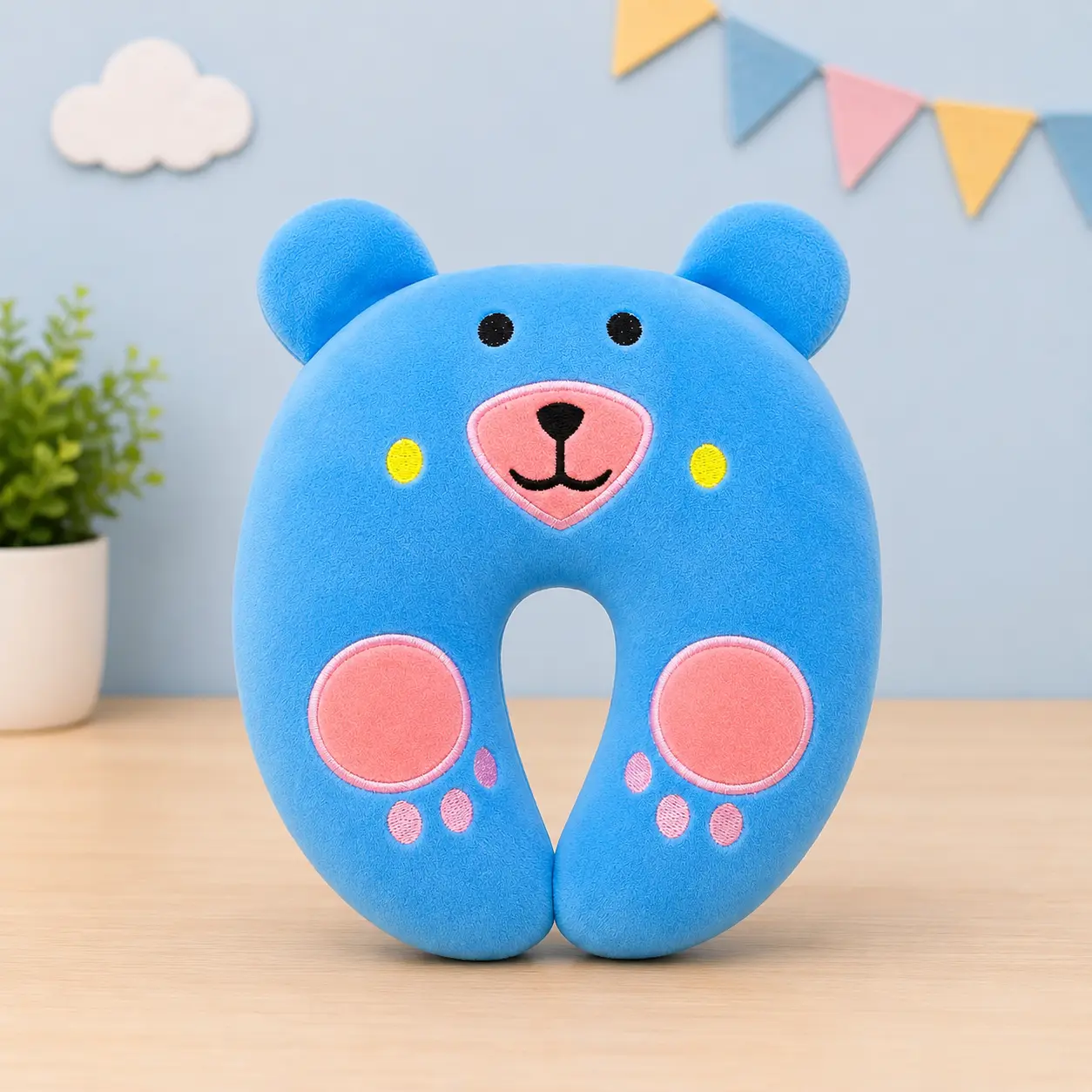 Qutoo Box Cotton New Born Baby Soft Neck Supporting Pillow 0-6 Months, Monkey Design | Sky Blue