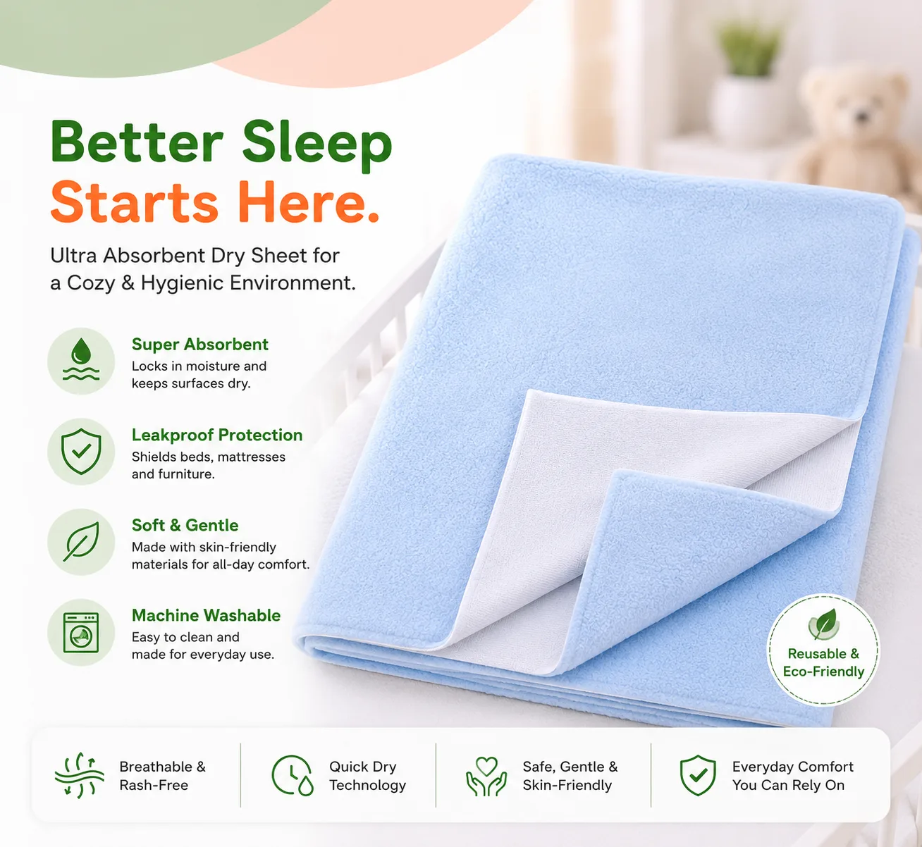 Qutoo Box Instadry Waterproof Baby Dry Sheet | Extra Absorbent Quick Dry Mattress Protector for Newborns (Small 50x70 cm, Sky Blue) - Image 4