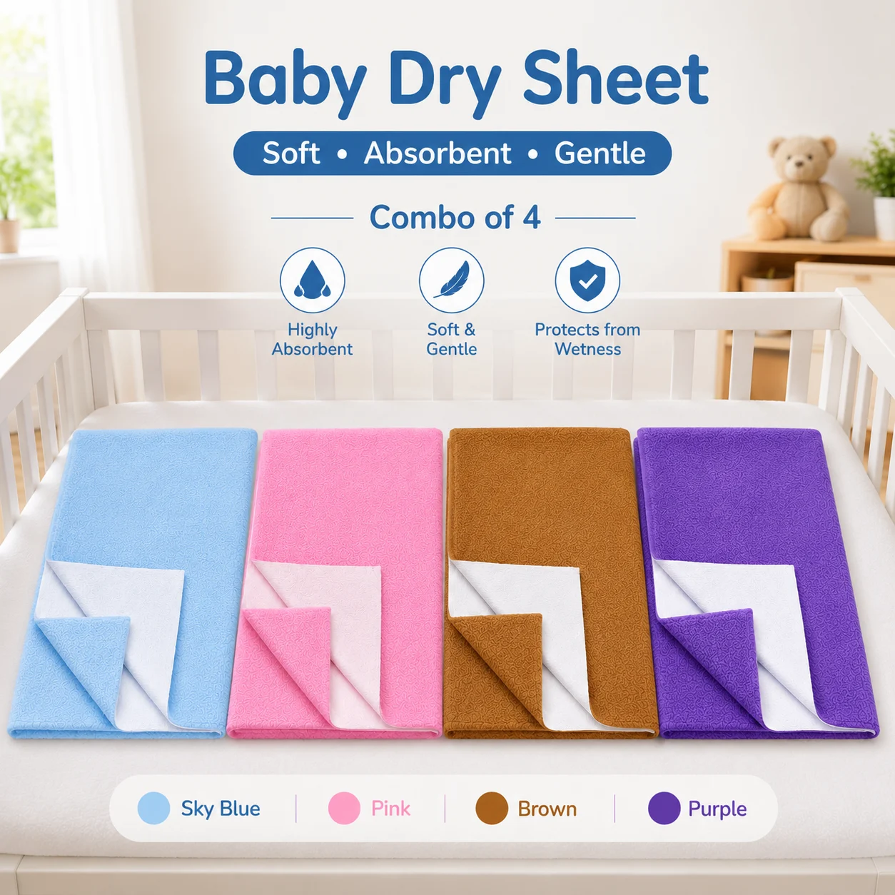 Qutoo Box Instadry Waterproof Baby Dry Sheet | Extra Absorbent Quick Dry Mattress Protector for Newborns (Small 50x70 cm, Pack of 4)