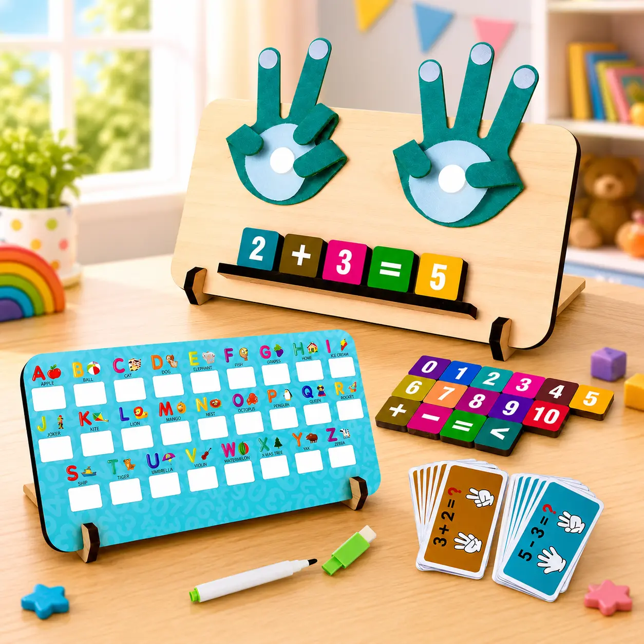 Qutoo Box Educational Math Learning Toy for Kids, Addition Subtraction Counting Alphabet Writing Skills Toy with Finger Counting Hands