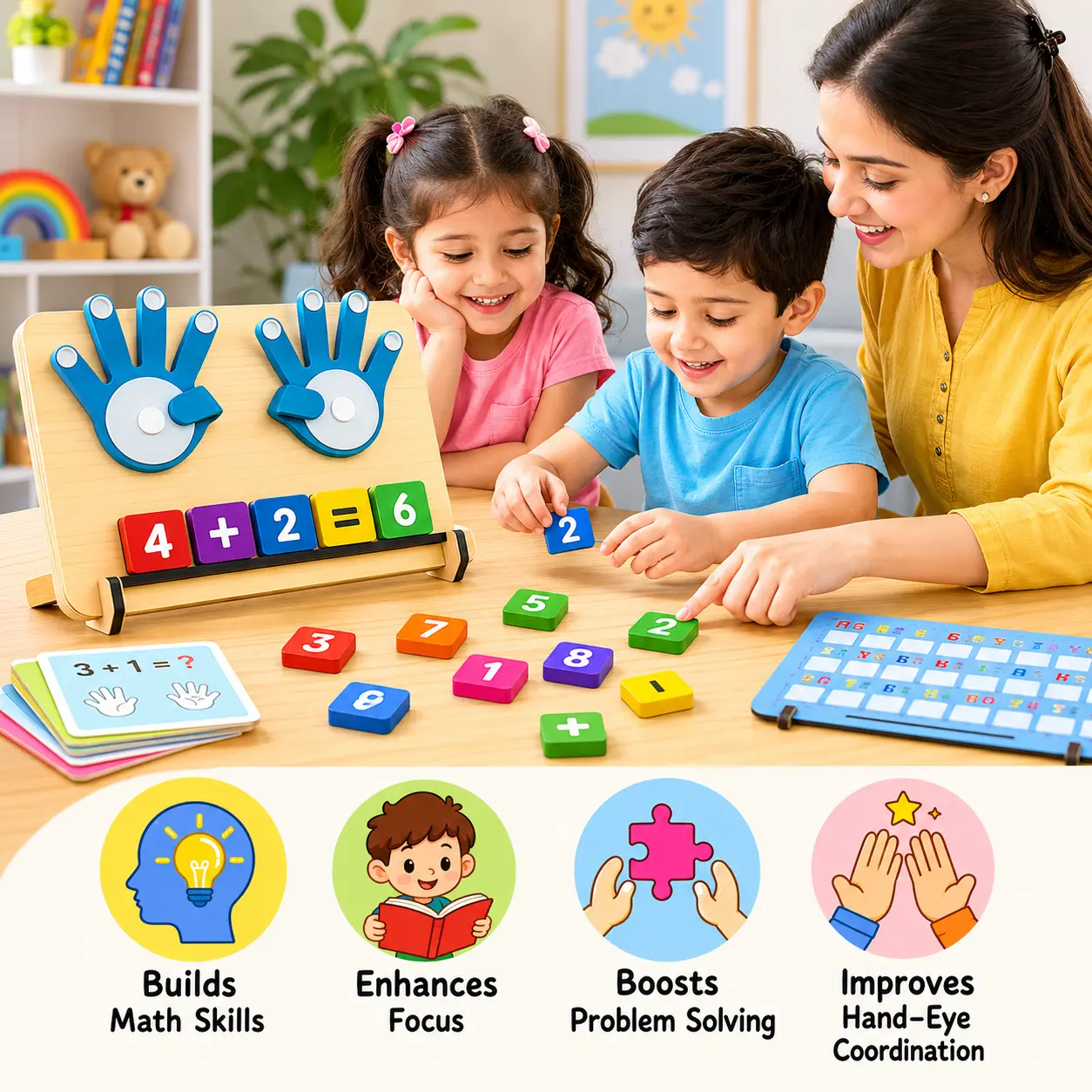Qutoo Box Educational Math Learning Toy for Kids, Addition Subtraction Counting Alphabet Writing Skills Toy with Finger Counting Hands - Image 2