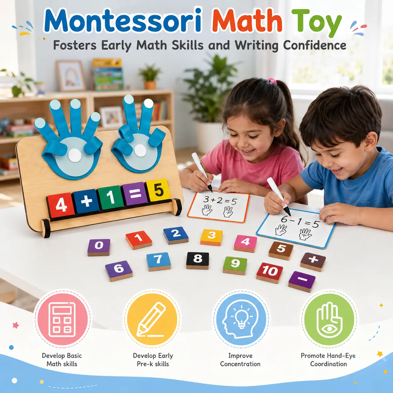 Qutoo Box Educational Math Learning Toy for Kids, Addition Subtraction Counting Alphabet Writing Skills Toy with Finger Counting Hands - Image 3