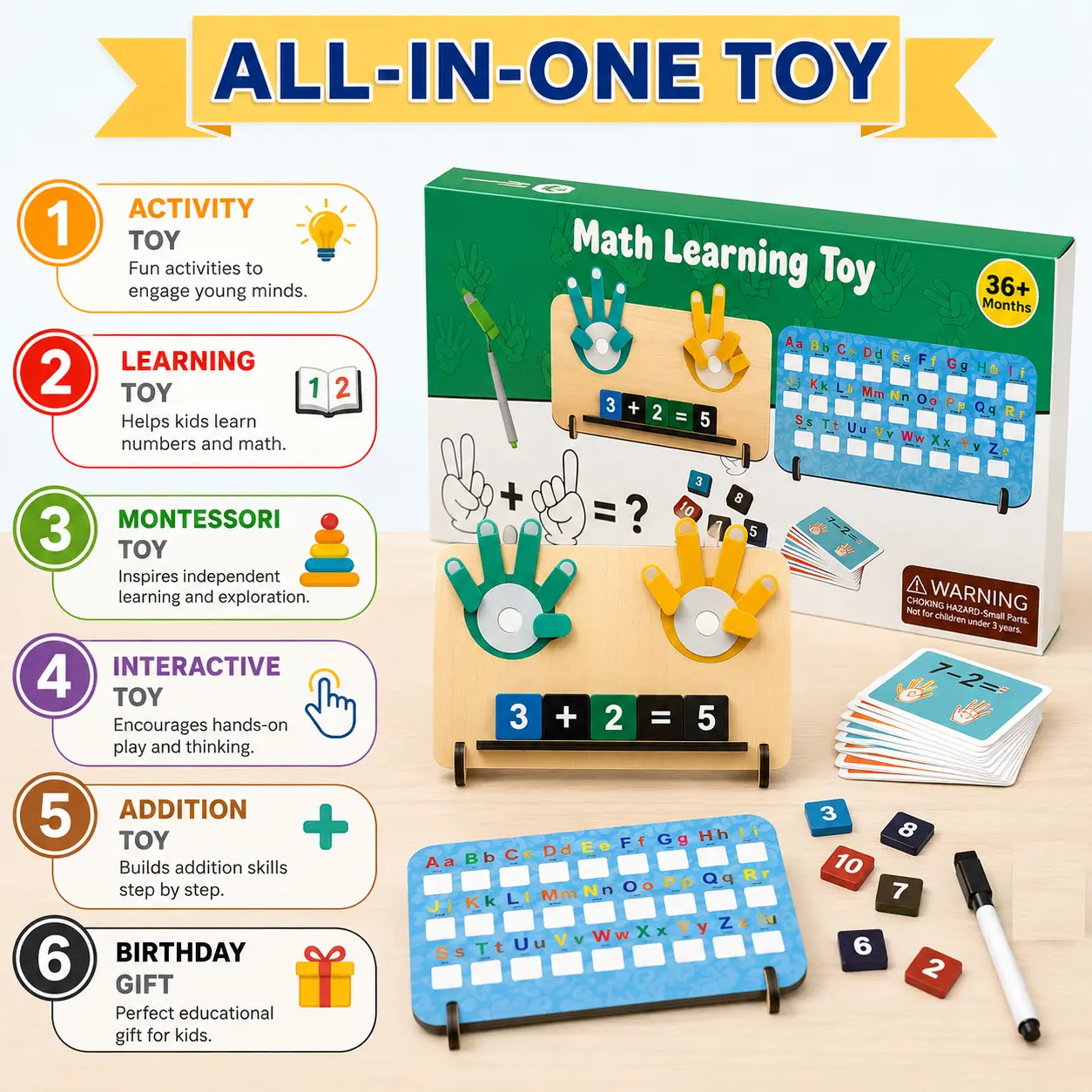 Qutoo Box Educational Math Learning Toy for Kids, Addition Subtraction Counting Alphabet Writing Skills Toy with Finger Counting Hands - Image 5