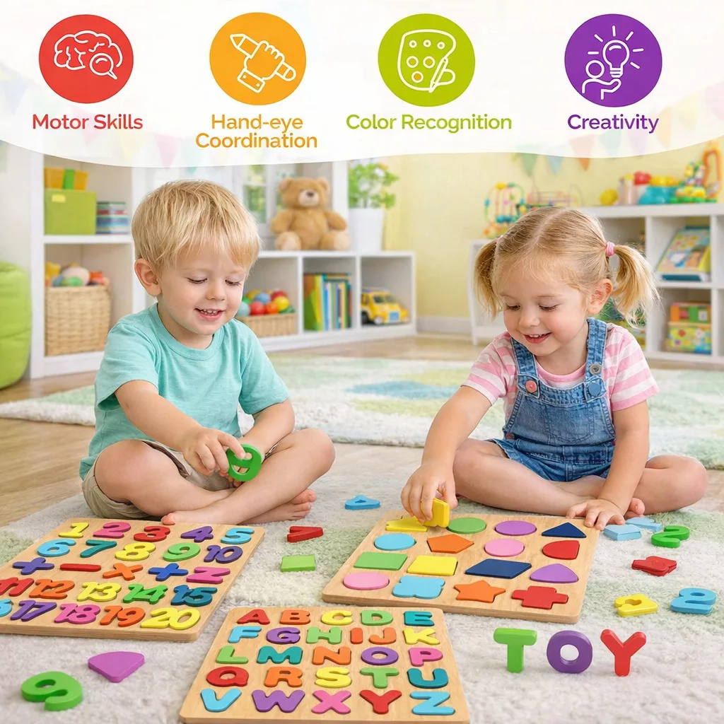 Qutoo Box Wooden 3-in-1 Alphabet Number Shape Puzzle Toy - Image 3
