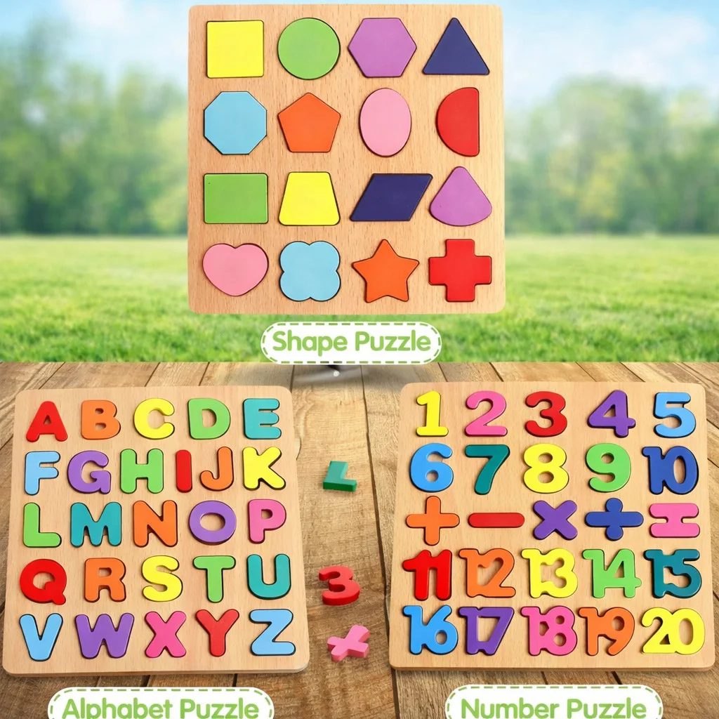 Qutoo Box Wooden 3-in-1 Alphabet Number Shape Puzzle Toy - Image 5