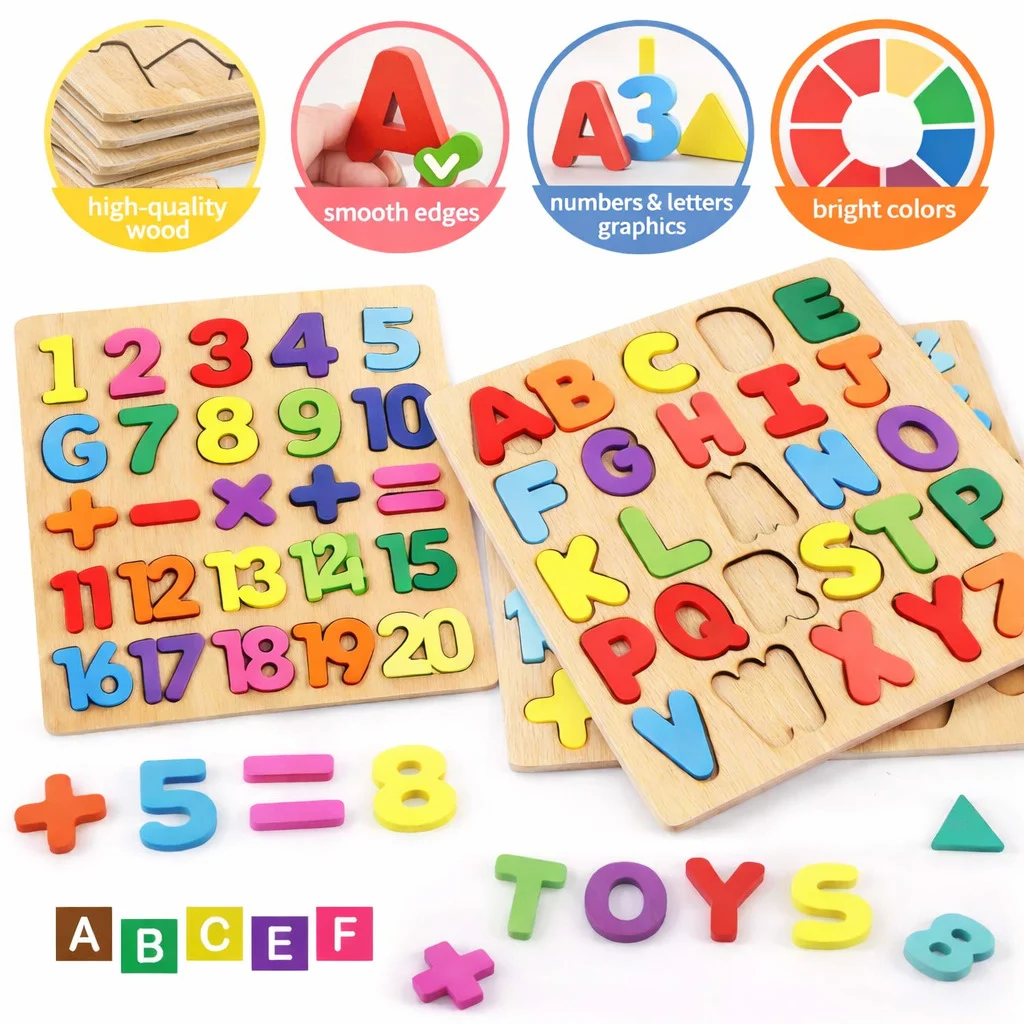 Qutoo Box Wooden 3-in-1 Alphabet Number Shape Puzzle Toy - Image 6