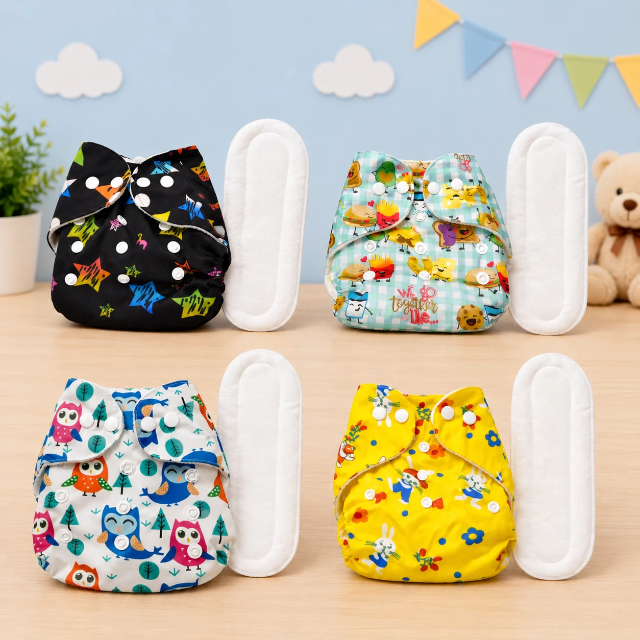 Qutoo Box Leakage-Proof Advanced Reusable Baby Cloth Diapers with 4 White 5 Layer Insert Pads, Adjustable Washable Cloth Nappies for 0-24 Months Babies, High Absorbent Combo Pack of 4, Multicolor Printed Designs