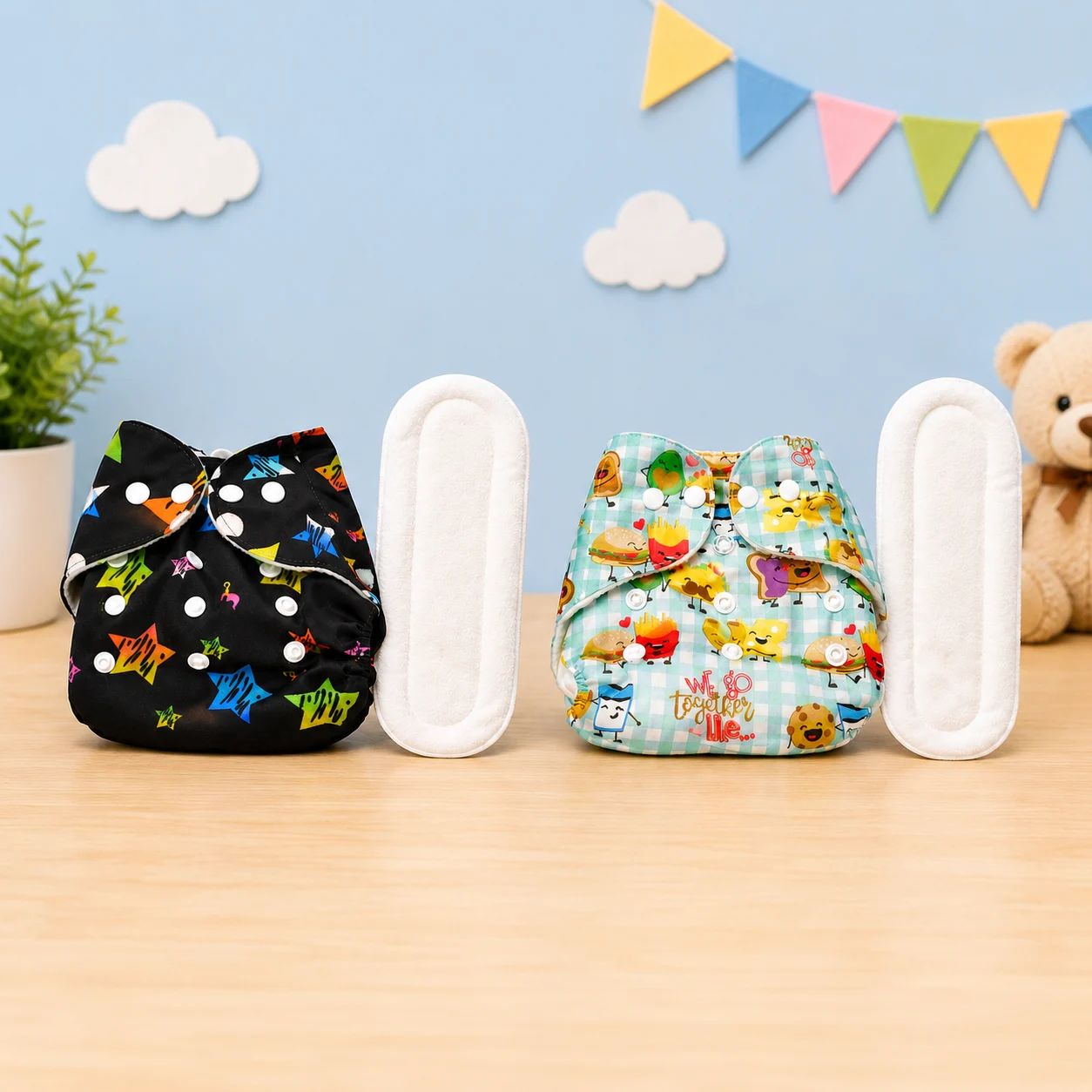Qutoo Box Leakage-Proof Advanced Reusable Baby Cloth Diapers with 2 White 5 Layer Insert Pads, Adjustable Washable Cloth Nappies for 0-24 Months Babies, High Absorbent Combo Pack of 2, Multicolor Printed Designs