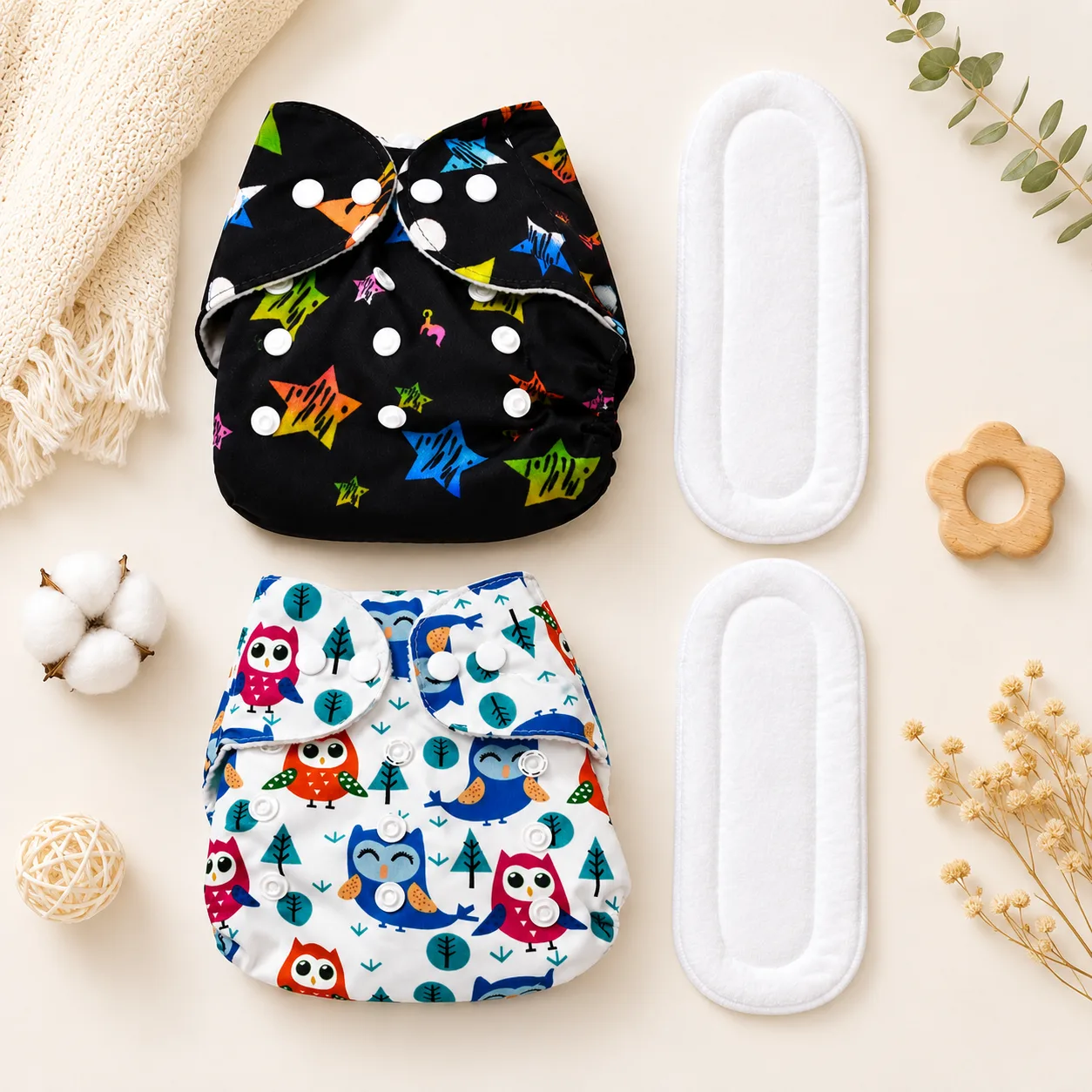 Qutoo Box Leakage-Proof Advanced Reusable Baby Cloth Diapers with 2 White 5 Layer Insert Pads, Adjustable Washable Cloth Nappies for 0-24 Months Babies, High Absorbent Combo Pack of 2, Multicolor Printed Designs