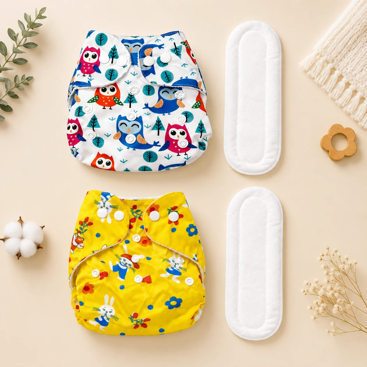 Qutoo Box Leakage-Proof Advanced Reusable Baby Cloth Diapers with 2 White 5 Layer Insert Pads, Adjustable Washable Cloth Nappies for 0-24 Months Babies, High Absorbent Combo Pack of 2, Multicolor Printed Designs