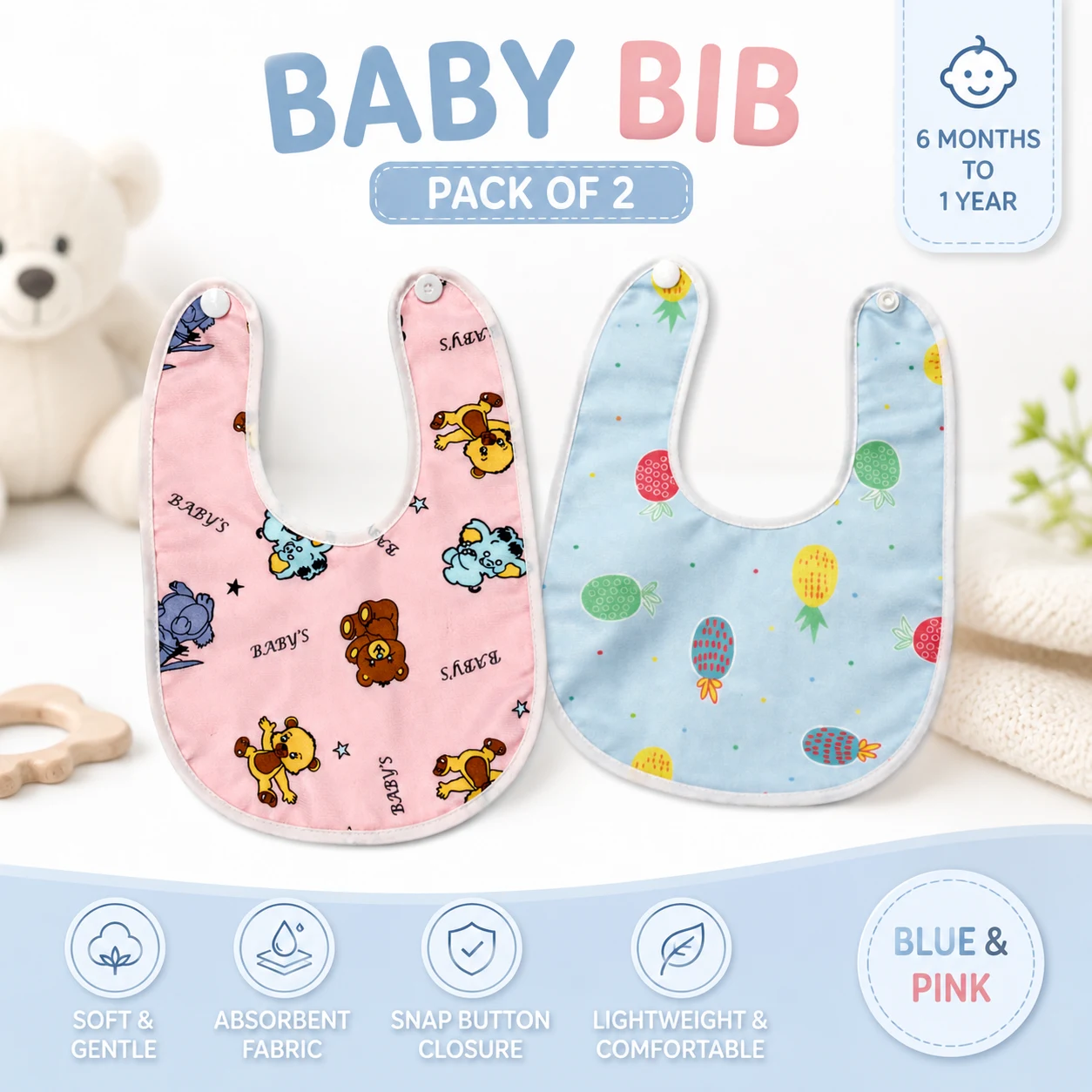 Qutoo Box Reusable Waterproof Baby Apron Bibs for 6–12 Months (Blue & Pink) - Image 2