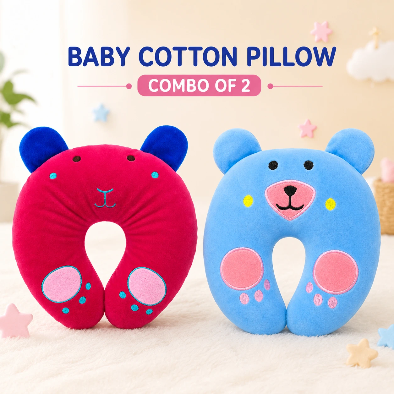 Qutoo Box Cotton New Born Baby Soft Neck Supporting Pillow 0-6 Months, Monkey Design | Dark Pink & Sky Blue (Copy)