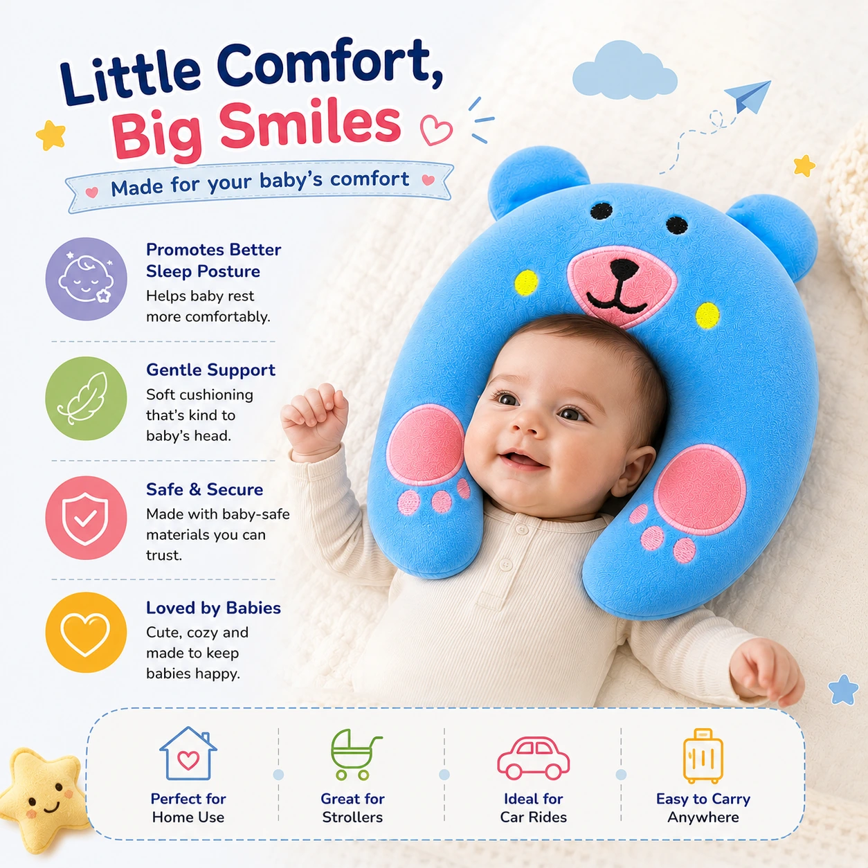 Qutoo Box Cotton New Born Baby Soft Neck Supporting Pillow 0-6 Months, Monkey Design | Dark Pink & Sky Blue (Copy) - Image 7