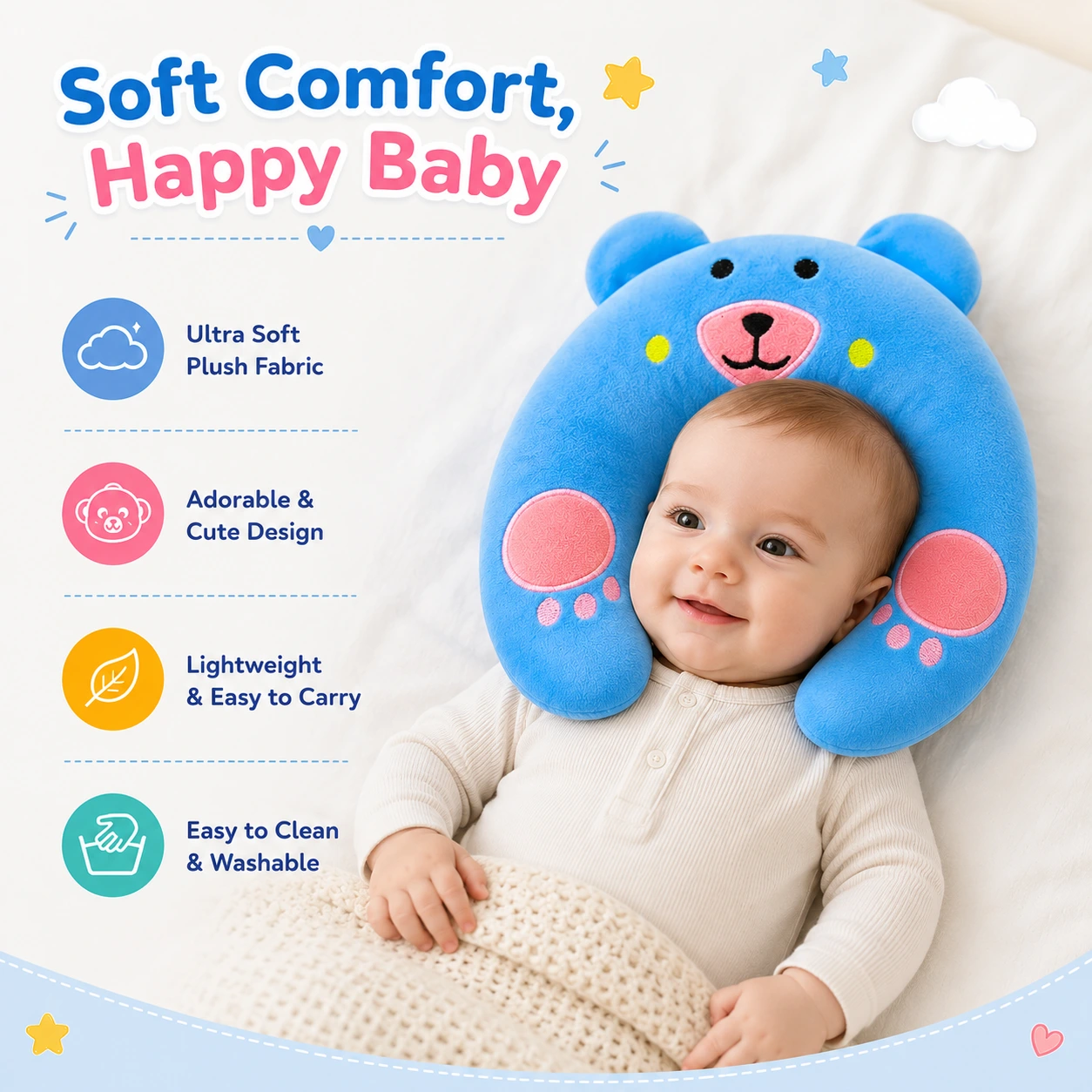 Qutoo Box Cotton New Born Baby Soft Neck Supporting Pillow 0-6 Months, Monkey Design | Dark Pink & Sky Blue (Copy) - Image 3