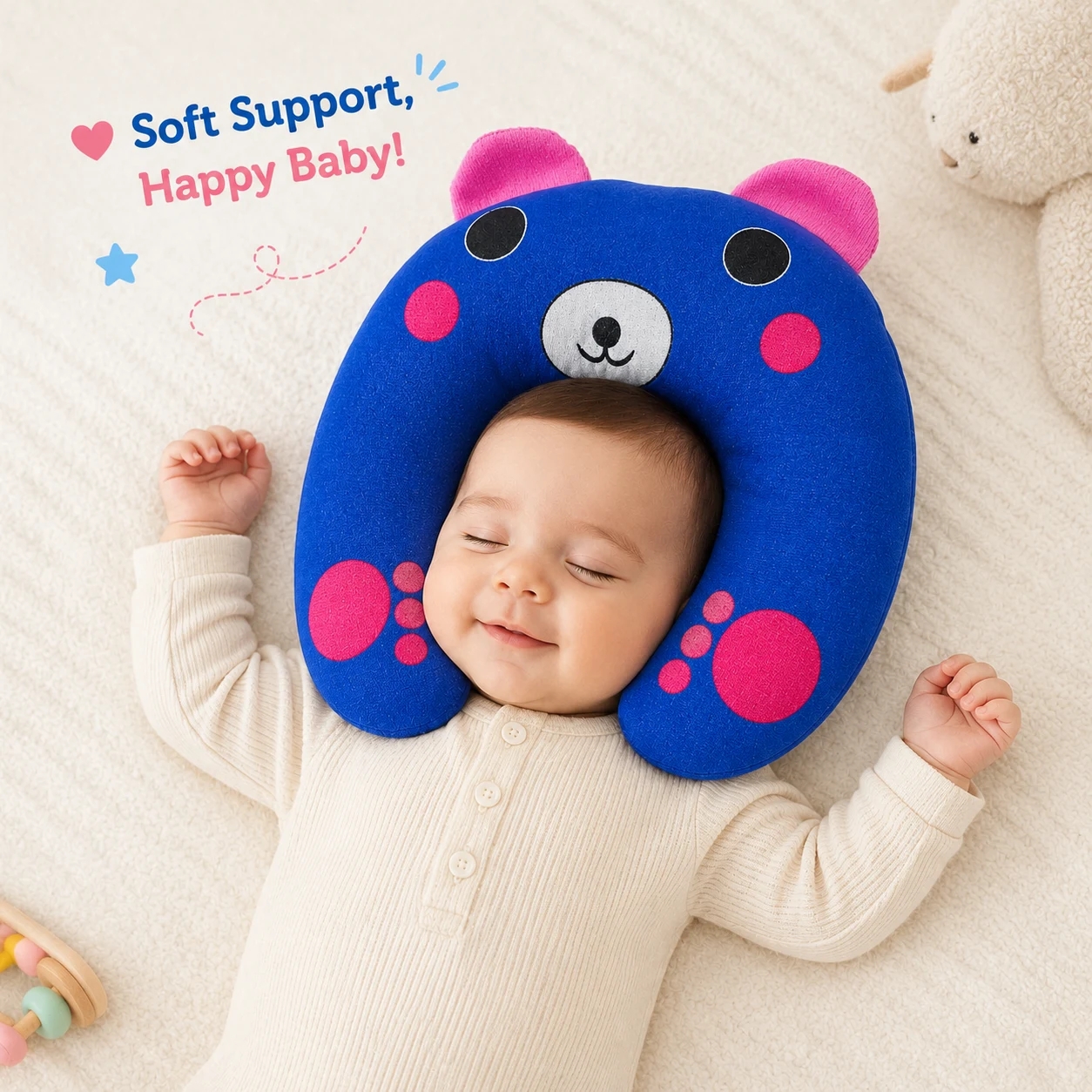 Qutoo Box Cotton New Born Baby Soft Neck Supporting Pillow 0-6 Months, Monkey Design | Blue - Image 5