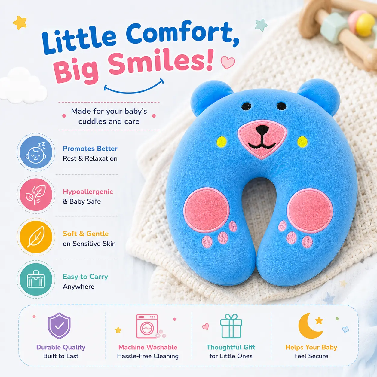 Qutoo Box Cotton New Born Baby Soft Neck Supporting Pillow 0-6 Months, Monkey Design | Dark Pink & Sky Blue (Copy) - Image 5