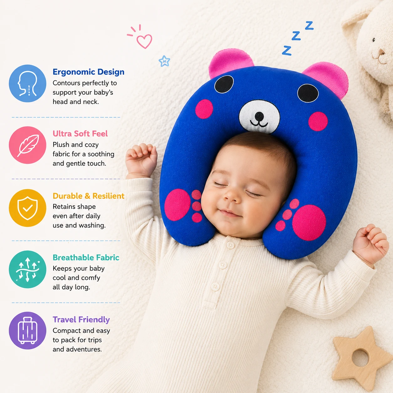 Qutoo Box Cotton New Born Baby Soft Neck Supporting Pillow 0-6 Months, Monkey Design | Blue - Image 4