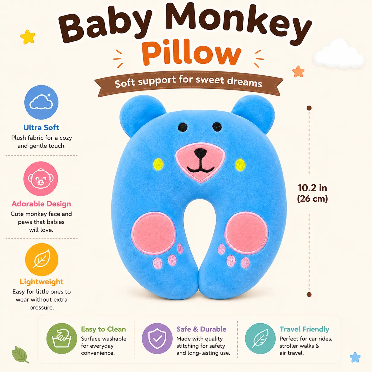 Qutoo Box Cotton New Born Baby Soft Neck Supporting Pillow 0-6 Months, Monkey Design | Sky Blue - Image 5