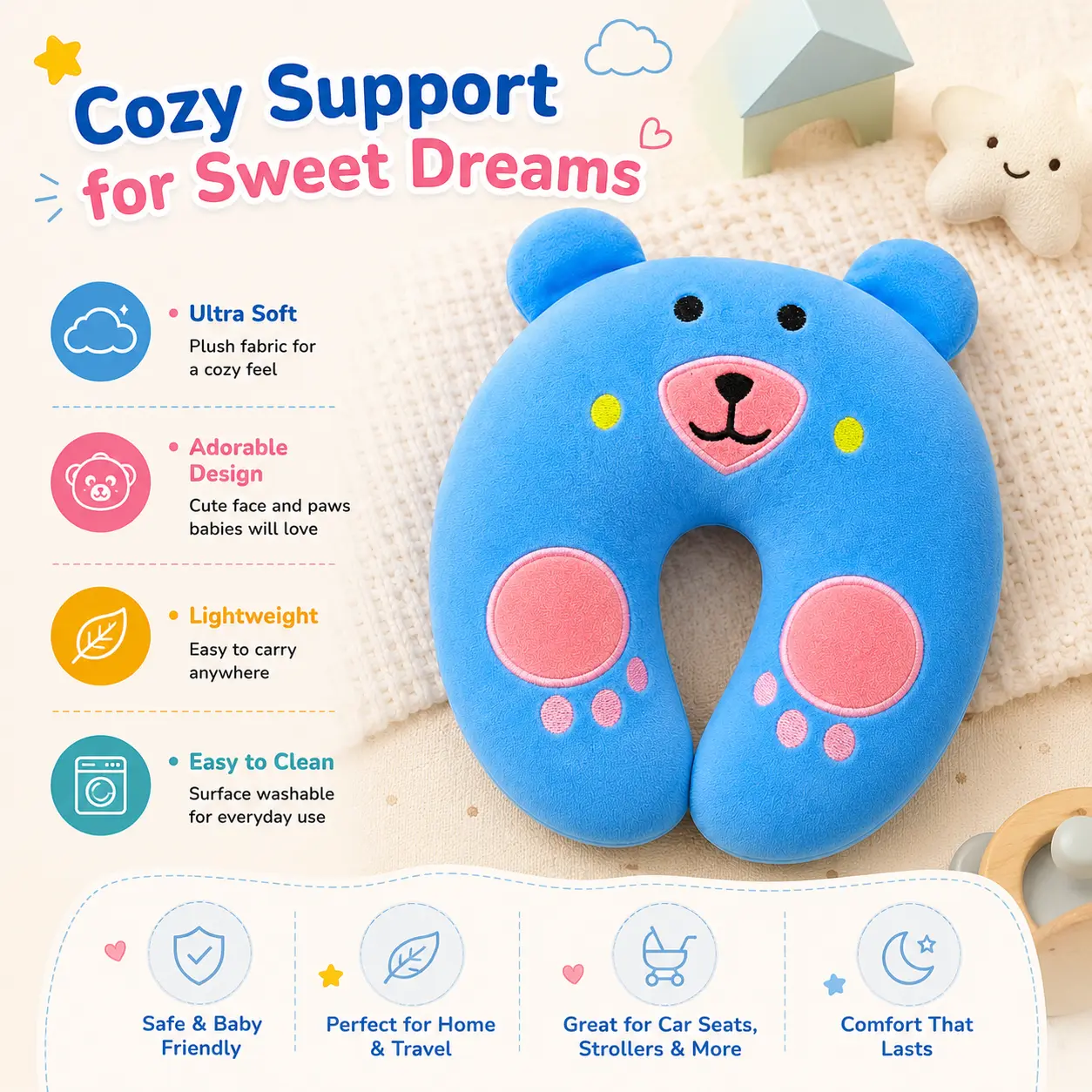 Qutoo Box Cotton New Born Baby Soft Neck Supporting Pillow 0-6 Months, Monkey Design | Sky Blue - Image 6