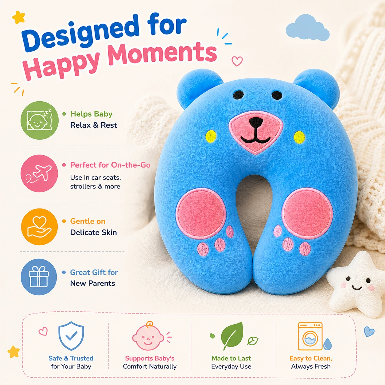 Qutoo Box Cotton New Born Baby Soft Neck Supporting Pillow 0-6 Months, Monkey Design | Sky Blue - Image 7