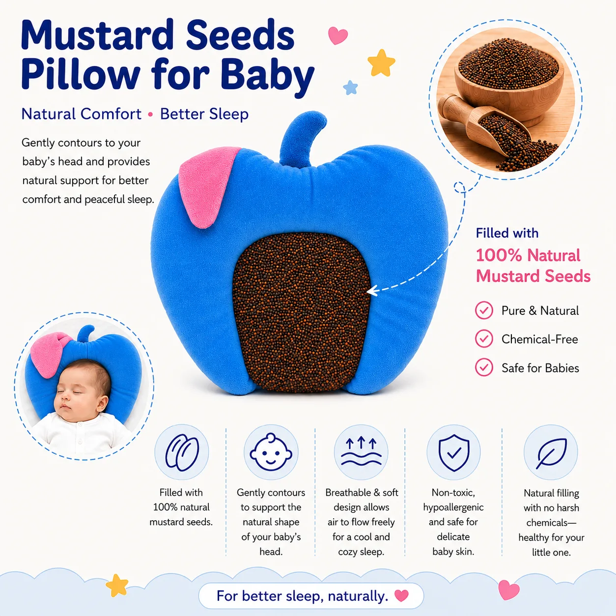 Qutoo Box Mustard Seed Pillow for Newborn Baby | 100% Natural Rai Seed Round Head Shaping Pillow for Infants 0-6 Months (Blue) - Image 3