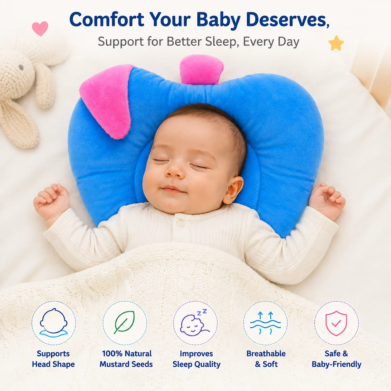 Qutoo Box Mustard Seed Pillow for Newborn Baby | 100% Natural Rai Seed Round Head Shaping Pillow for Infants 0-6 Months (Blue) - Image 2
