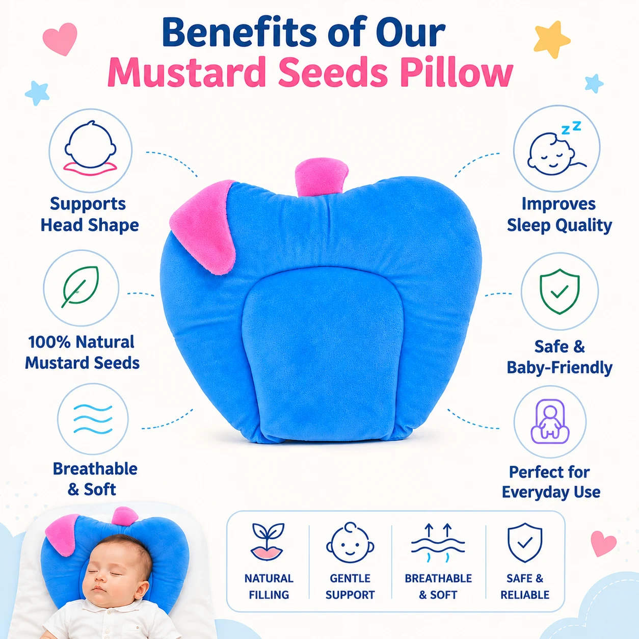 Qutoo Box Mustard Seed Pillow for Newborn Baby | 100% Natural Rai Seed Round Head Shaping Pillow for Infants 0-6 Months (Blue) - Image 5