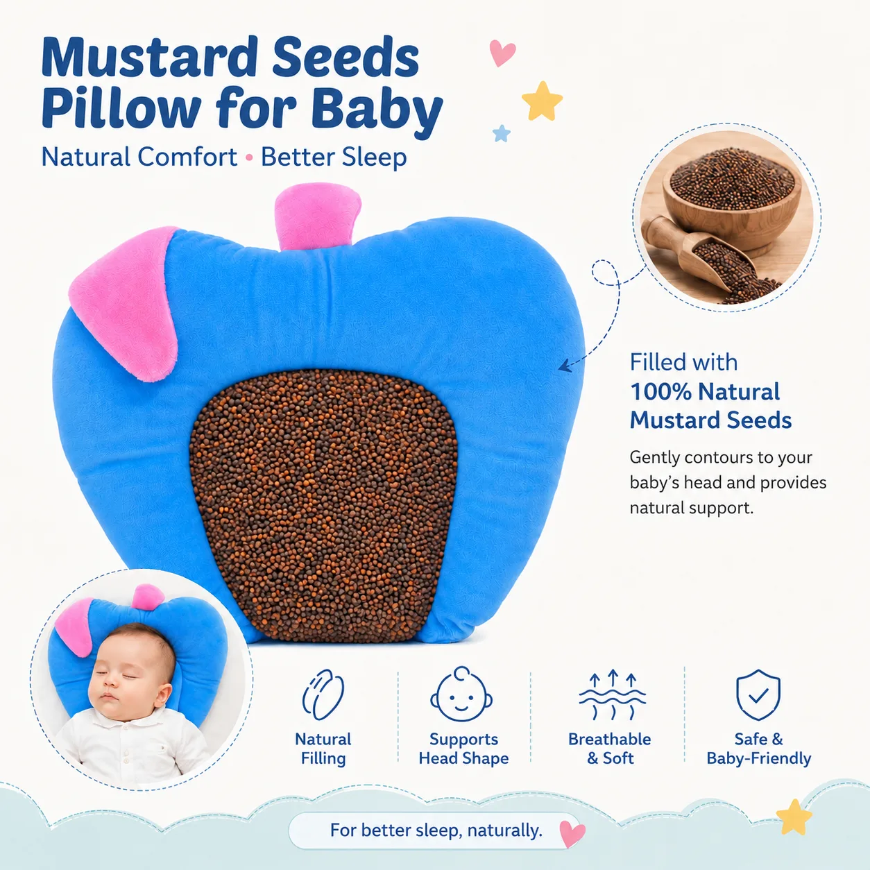 Qutoo Box Mustard Seed Pillow for Newborn Baby | 100% Natural Rai Seed Round Head Shaping Pillow for Infants 0-6 Months (Blue) - Image 6