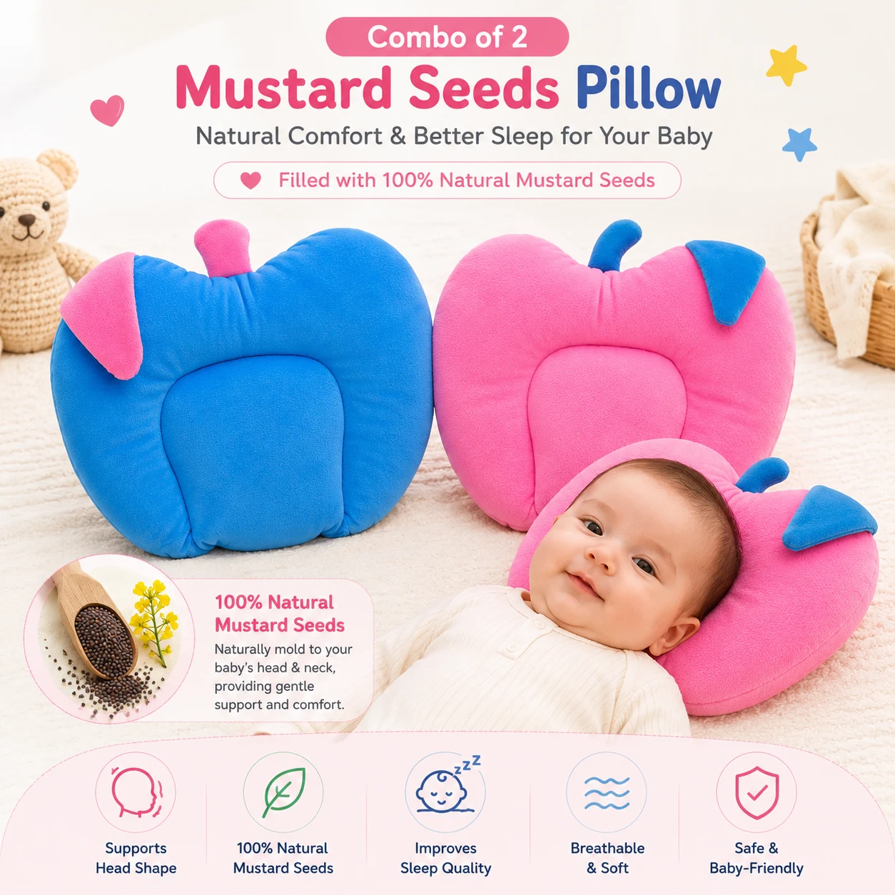 Qutoo Box Mustard Seed Pillow for Newborn Baby | 100% Natural Rai Seed Round Head Shaping Pillow for Infants 0-6 Months (Blue & Pink) - Image 2